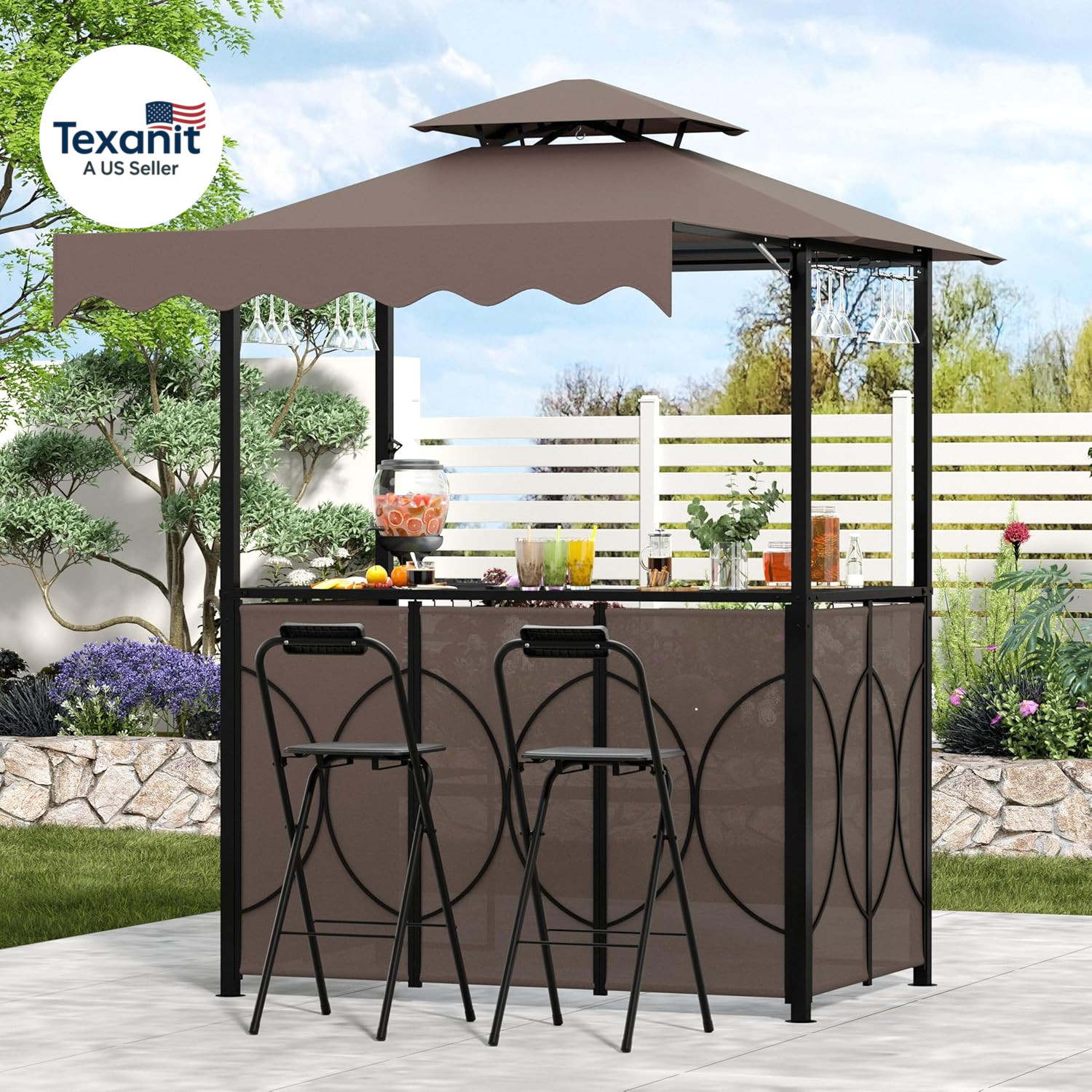 3 Piece Patio Bar and Grill Set, Grill Gazebo with Bar Table and 2 Foldable Stoo