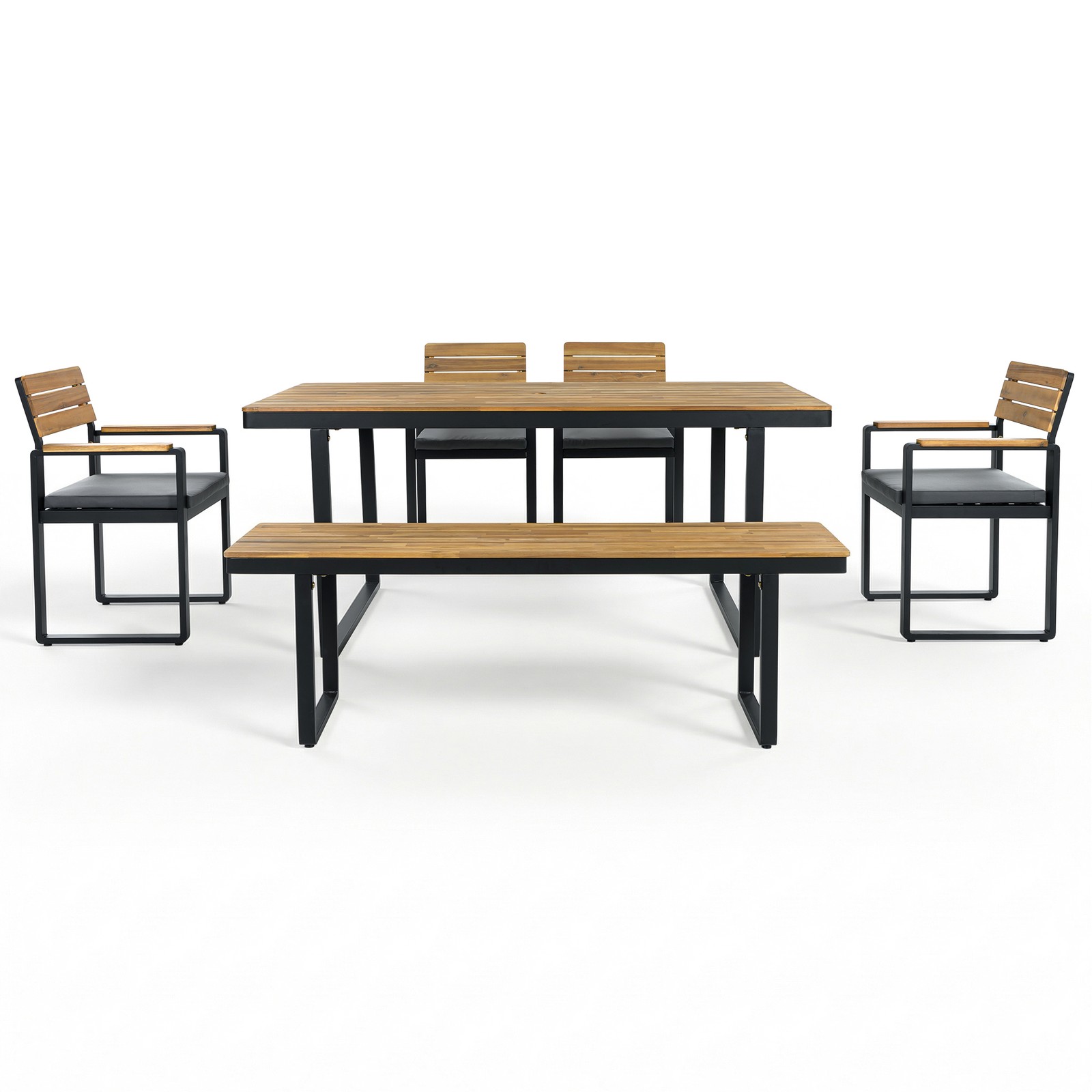 Outdoor Dining Set Acacia Wood 6-Piece w/ Gray Cushions for Patio Backyard