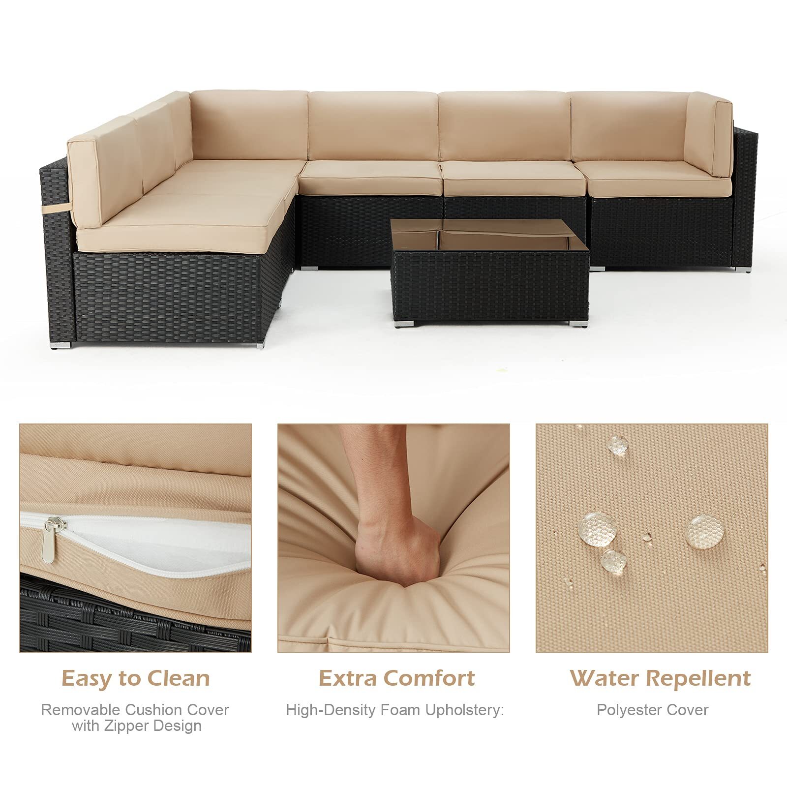 7-Pc PE Rattan Patio Sofa Set Outdoor Sectional Conversation Couch with Cushions