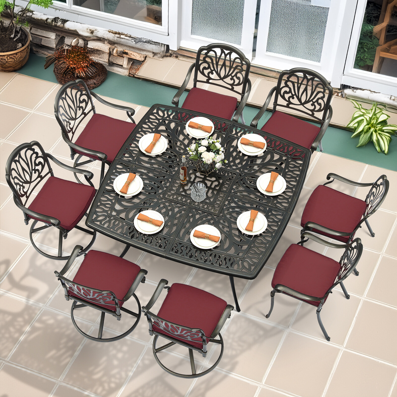 9 Piece Outdoor Table and Chairs Patio Dining Set w/ 4 Regular & 4 Swivel Chairs