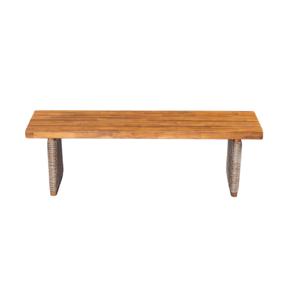 Outdoor 1pcs Acacia Wood Bench,Teak Finish+ Brown Wicker