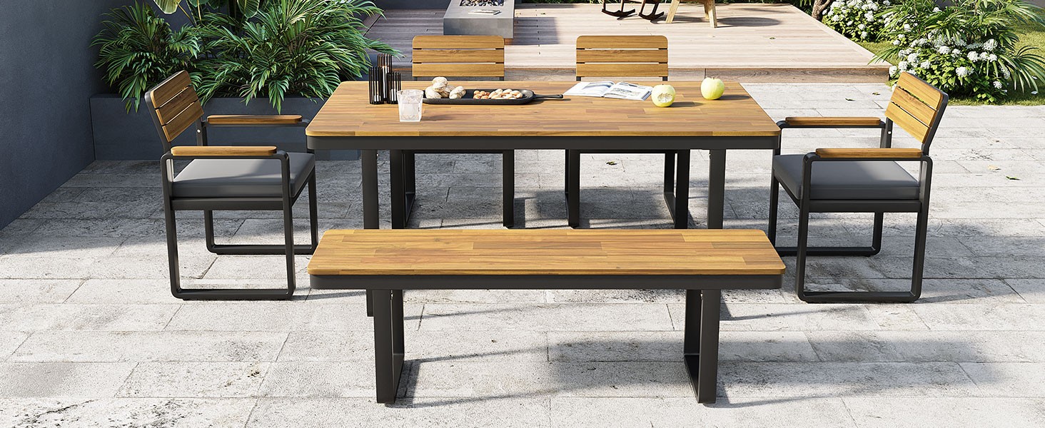 Outdoor Dining Set Acacia Wood 6-Piece w/ Gray Cushions for Patio Backyard