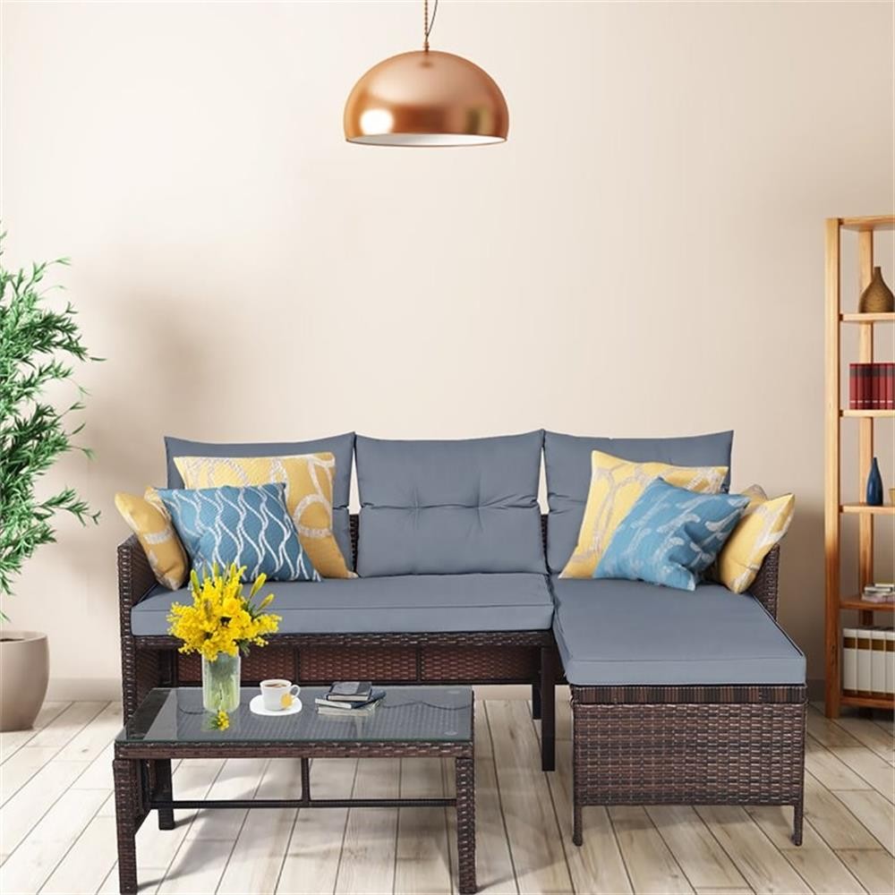 Pemberly Row 3-piece Wicker Rattan Patio L-shape Corner Sofa Set in Gray