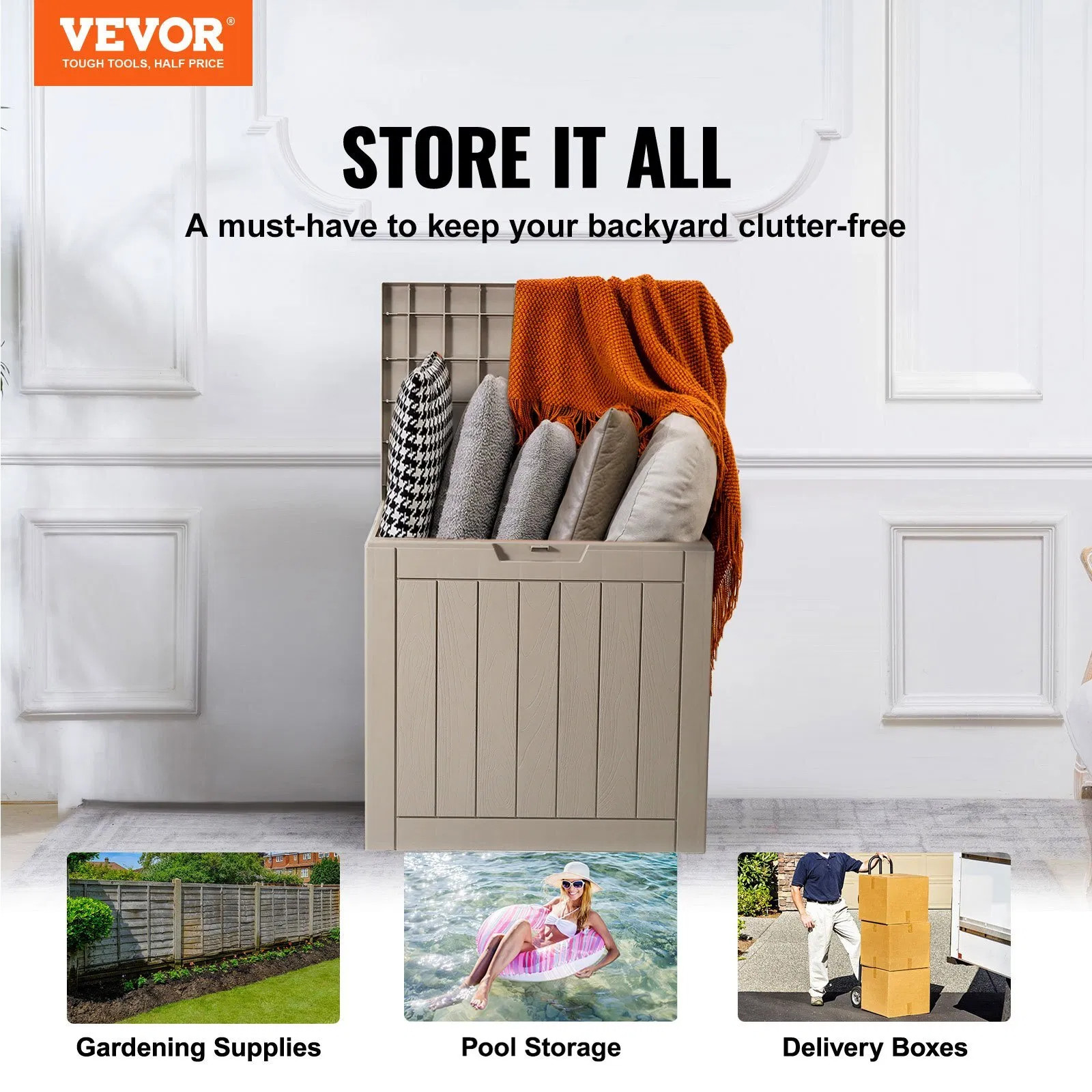 Outdoor Storage Box, 31 Gallon Resin Deck Box, Backyard Outside Toy and Towel S