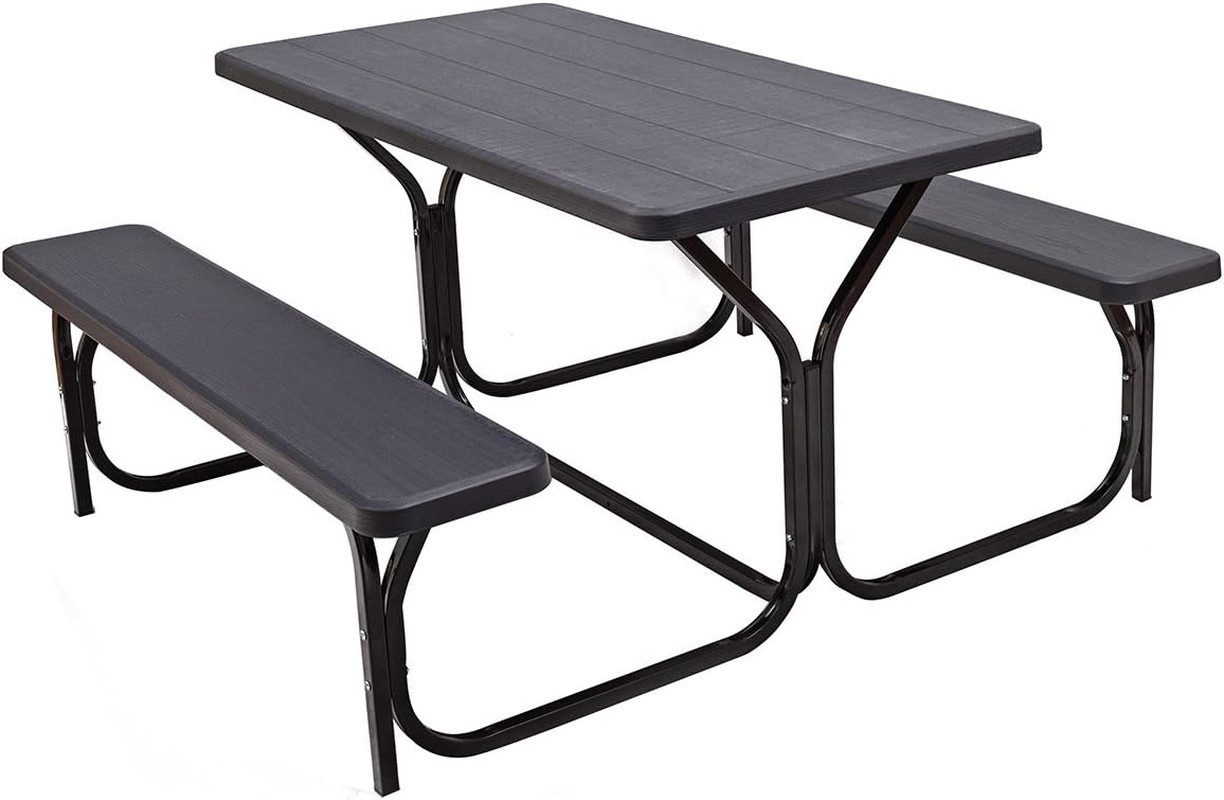 Giantex Picnic Bench Set Outdoor Camping All Weather Metal Base Wood-Like Textur