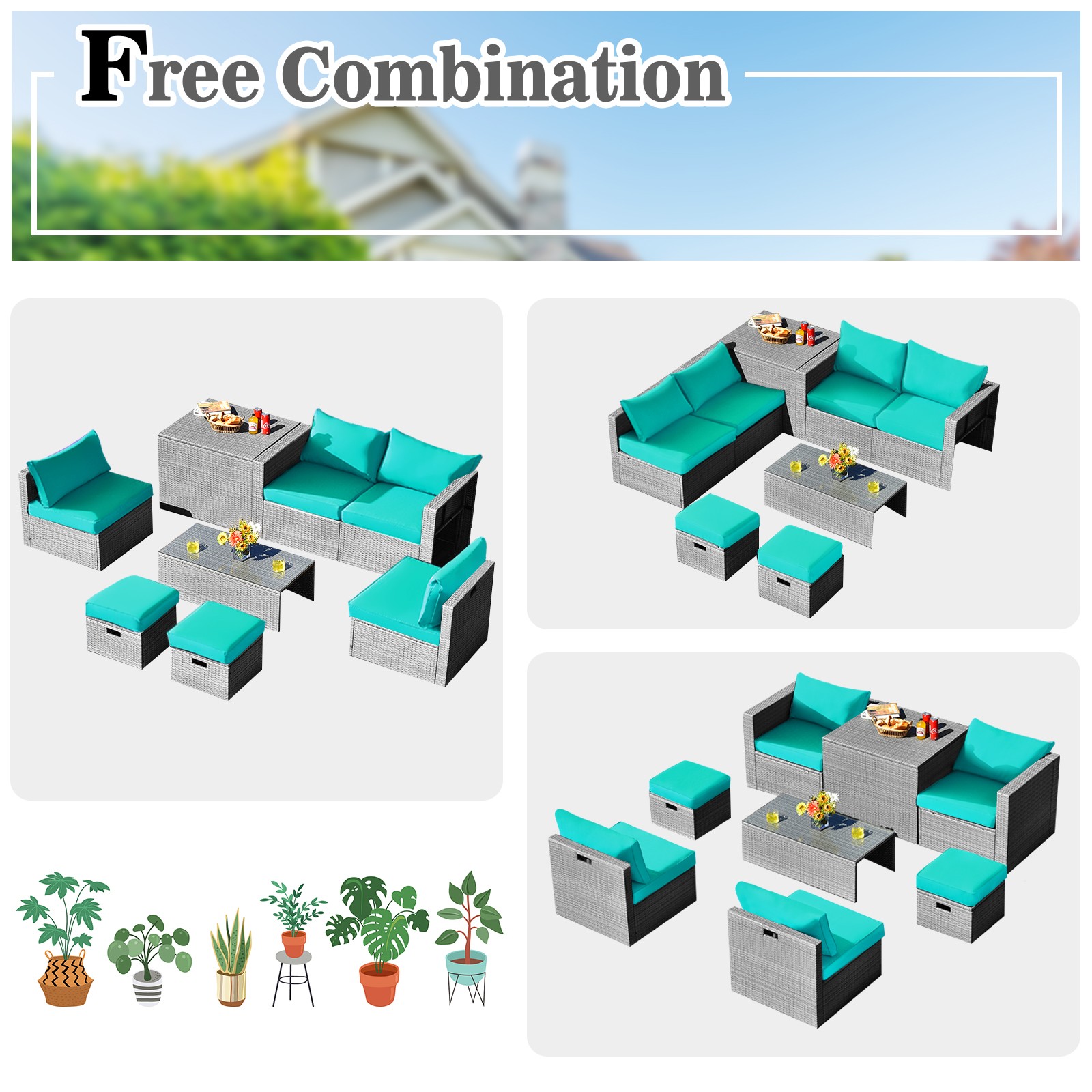 8PCS Patio Furniture Set Space-Saving Conversation Set w/ Waterproof Cover