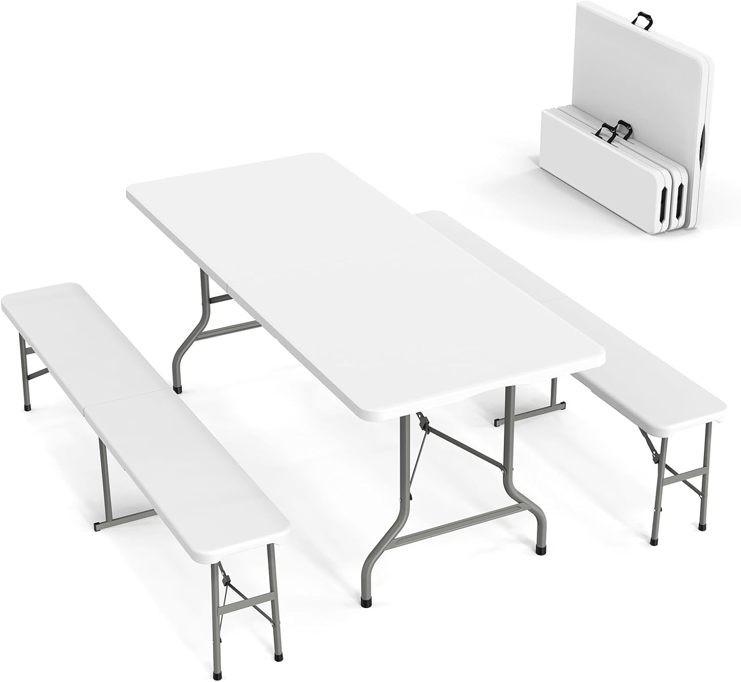 Picnic Table Set with 2 Benches, 6 Feet Camping Table Chair Set,3-Piece Folding