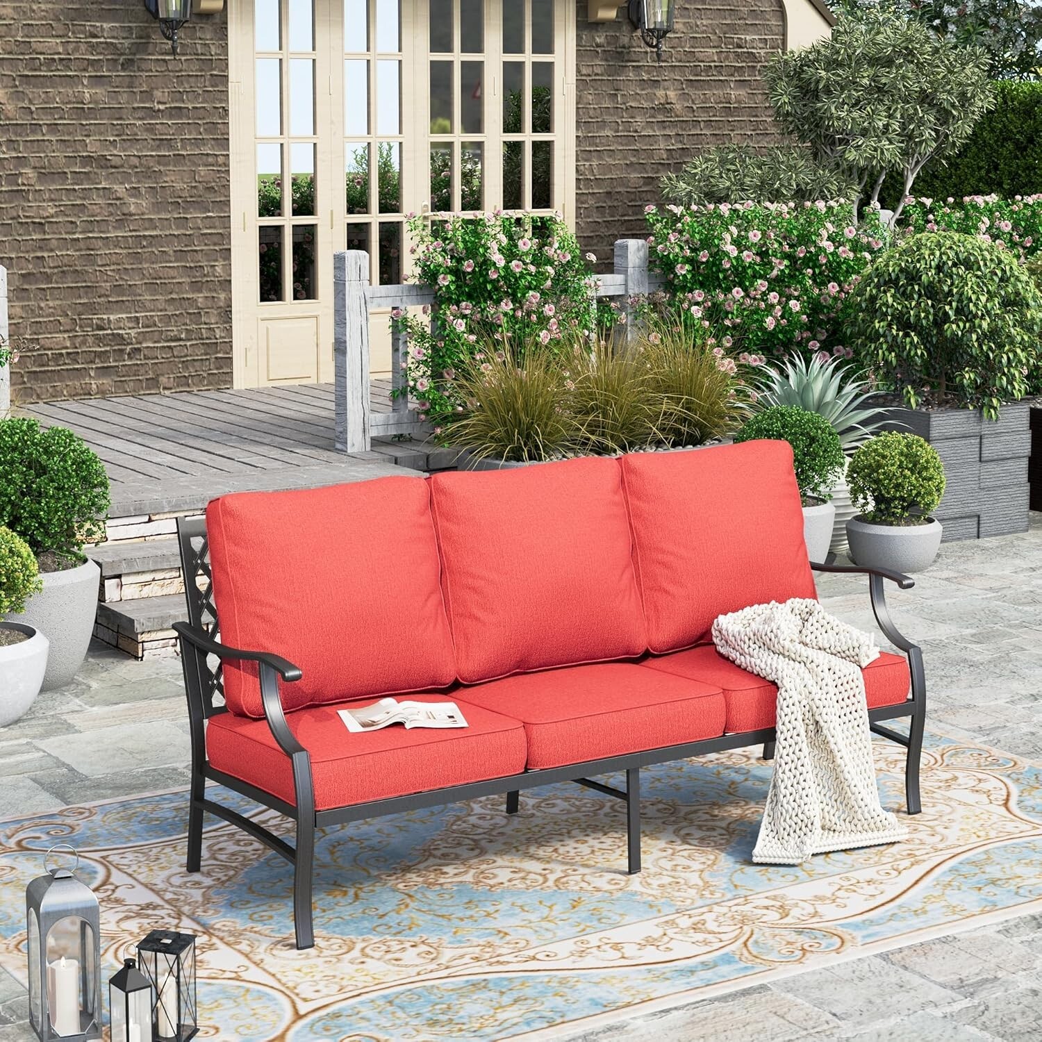 3-Seat Outdoor Furniture Sofa Patio Sofa Chair w/ Thick Cushion for Balcony Red