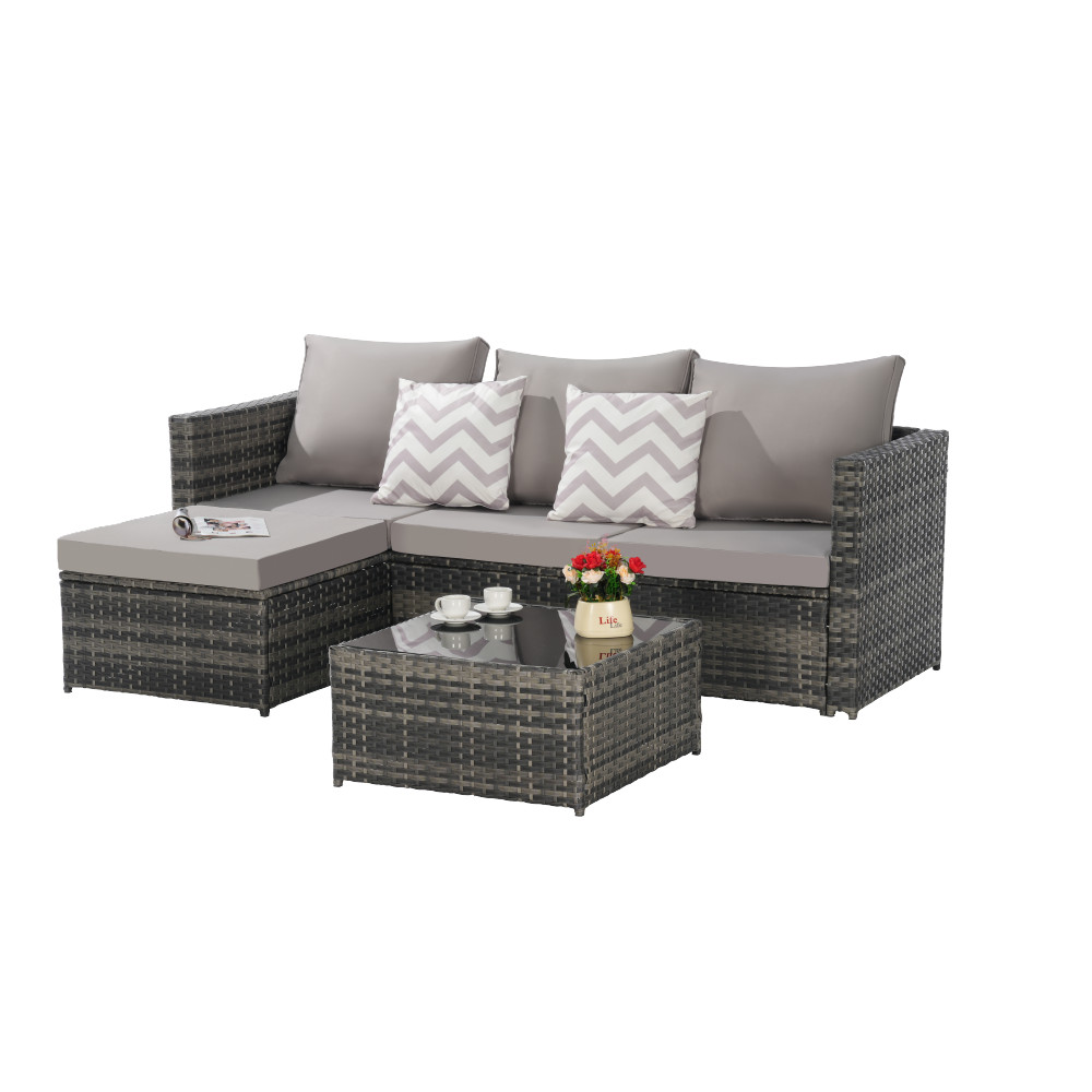 Outdoor Wicker Sectional Sofa Set with Ottoman, Light Gray, Seats 4
