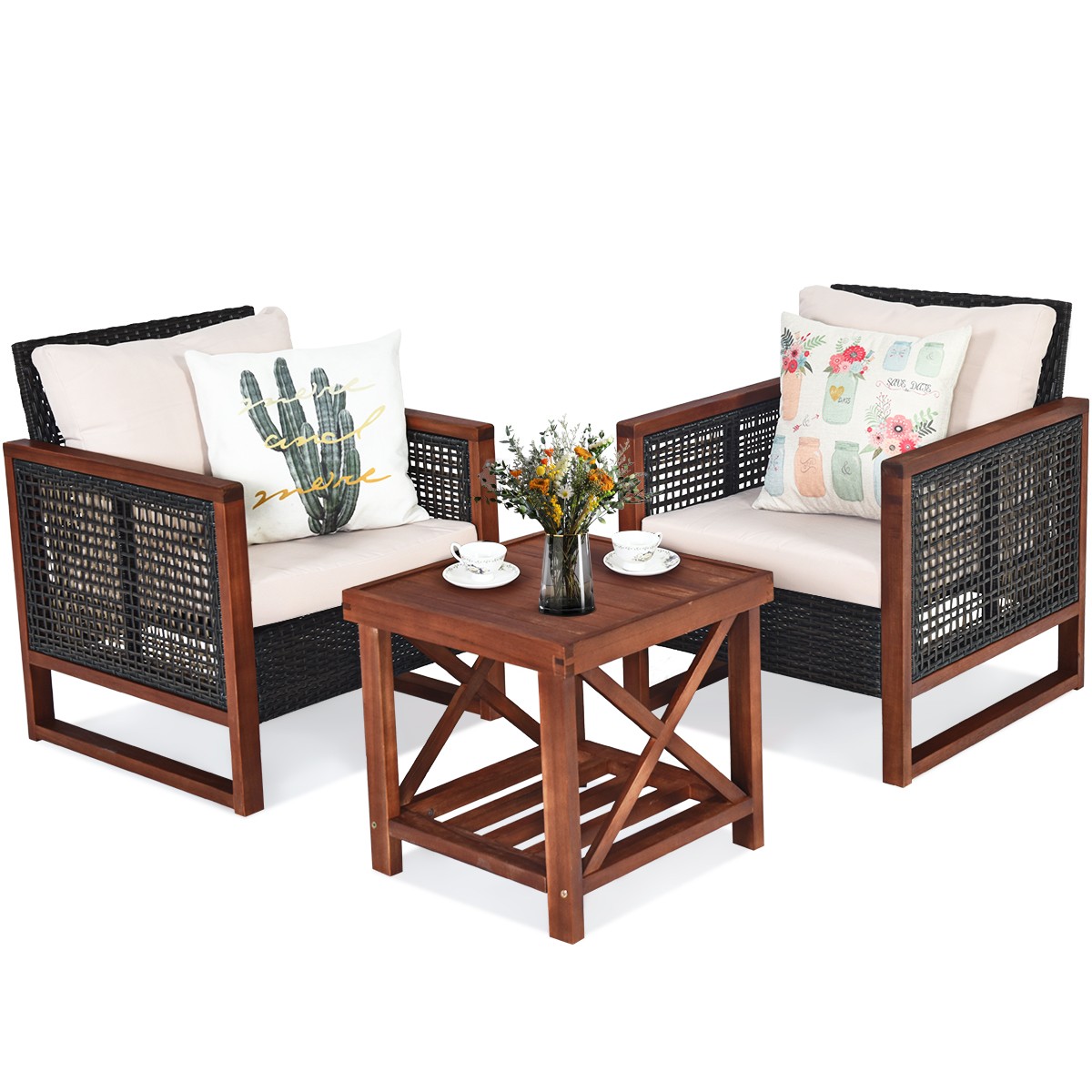 Patio 3PCS Rattan Furniture Set Solid Wood Frame Cushion Sofa Square Table Beige