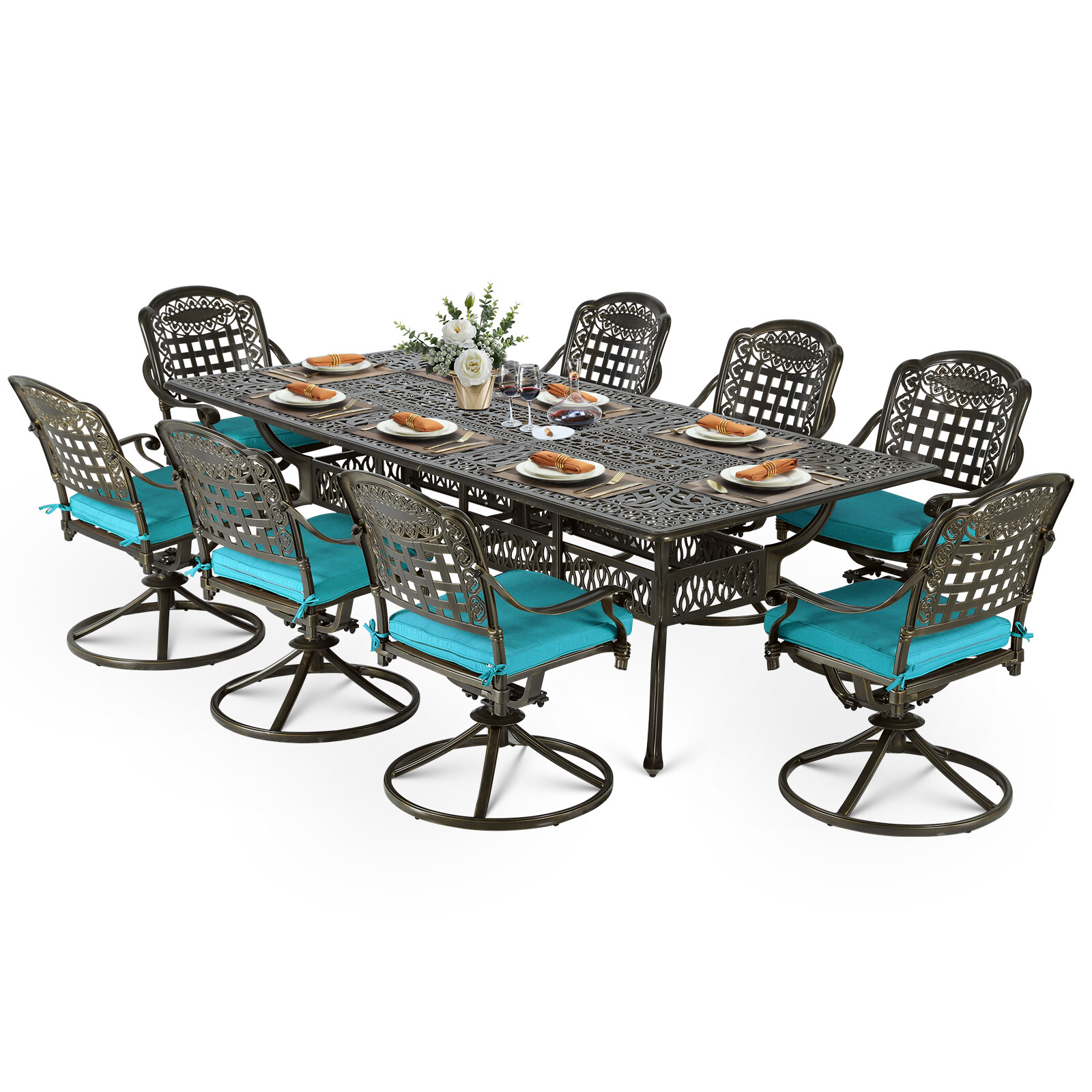 9 PCS Cast Aluminum Swivel Patio Dining Set Outdoor Rectangle Furniture Set