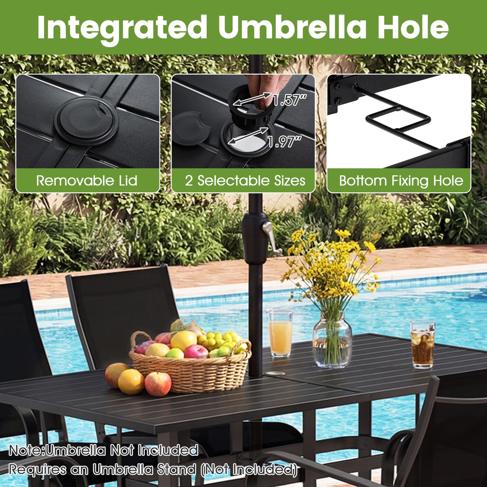 7PCS Patio Dining Set for 6, Metal Table w/Umbrella Hole & 6 Stackable Armchairs