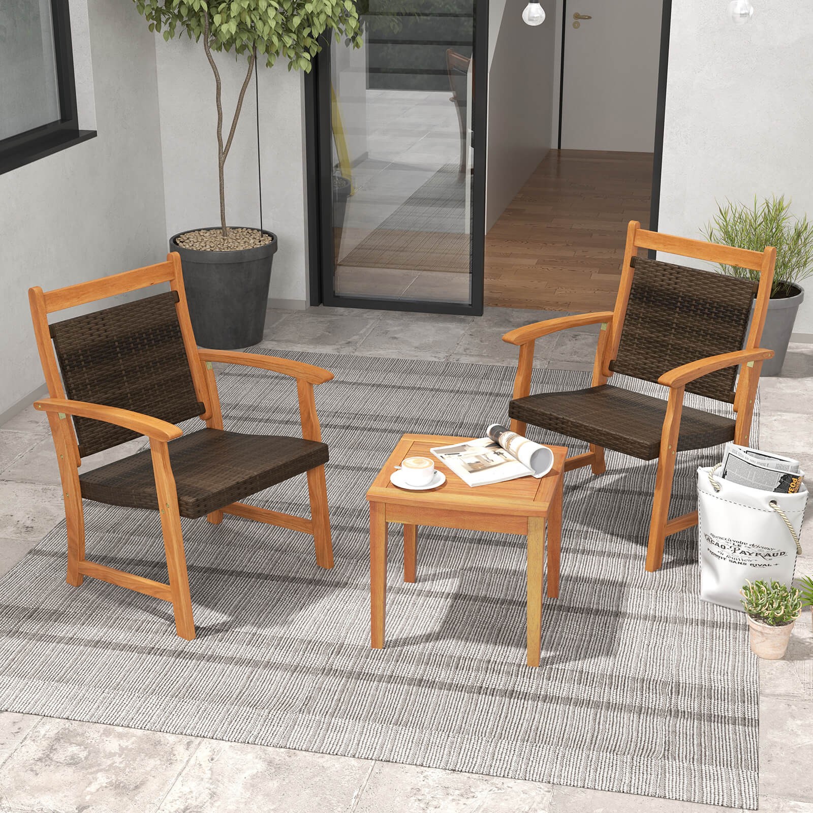 Patiojoy Patio 3PCS Rattan Bistro Set Acacia Wood Frame Armrest Chairs Garden