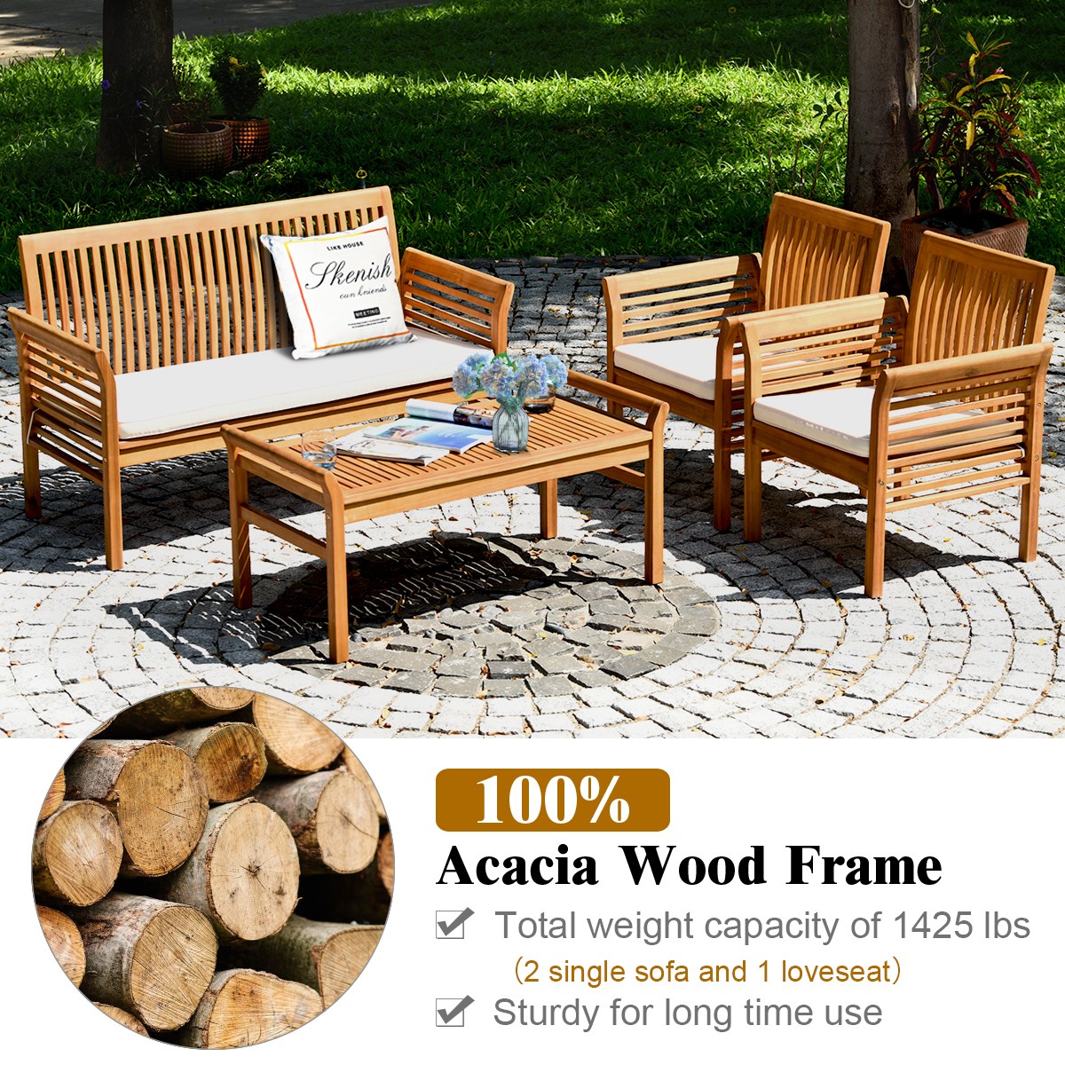 4 PCS Outdoor Acacia Wood Sofa Furniture Set Cushioned Chair Coffee Table Garden
