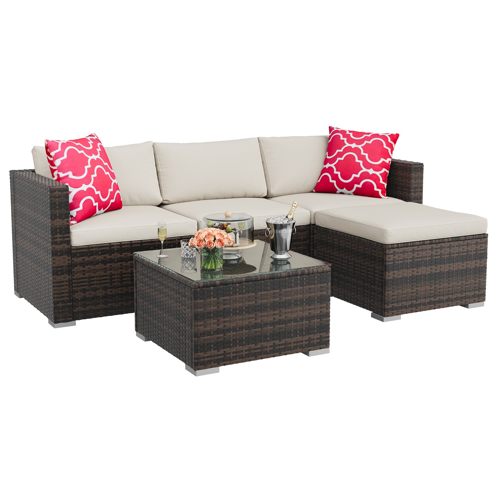 5-Piece Outdoor Rattan Patio Sofa Set L-Shaped Garden Furniture Sofa Set