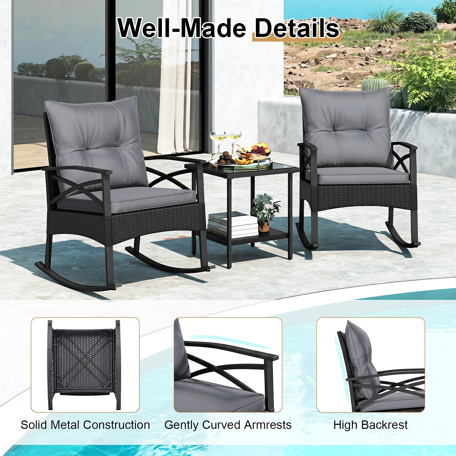 3-Piece Rattan Rocking Bistro Set w/Tempered Glass Tabletop & Cushions for Porch