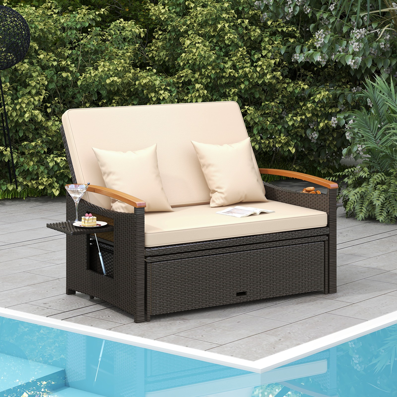 Patio Rattan Daybed Set w/Cushioned Loveseat & Storage Ottoman for Porch Beige