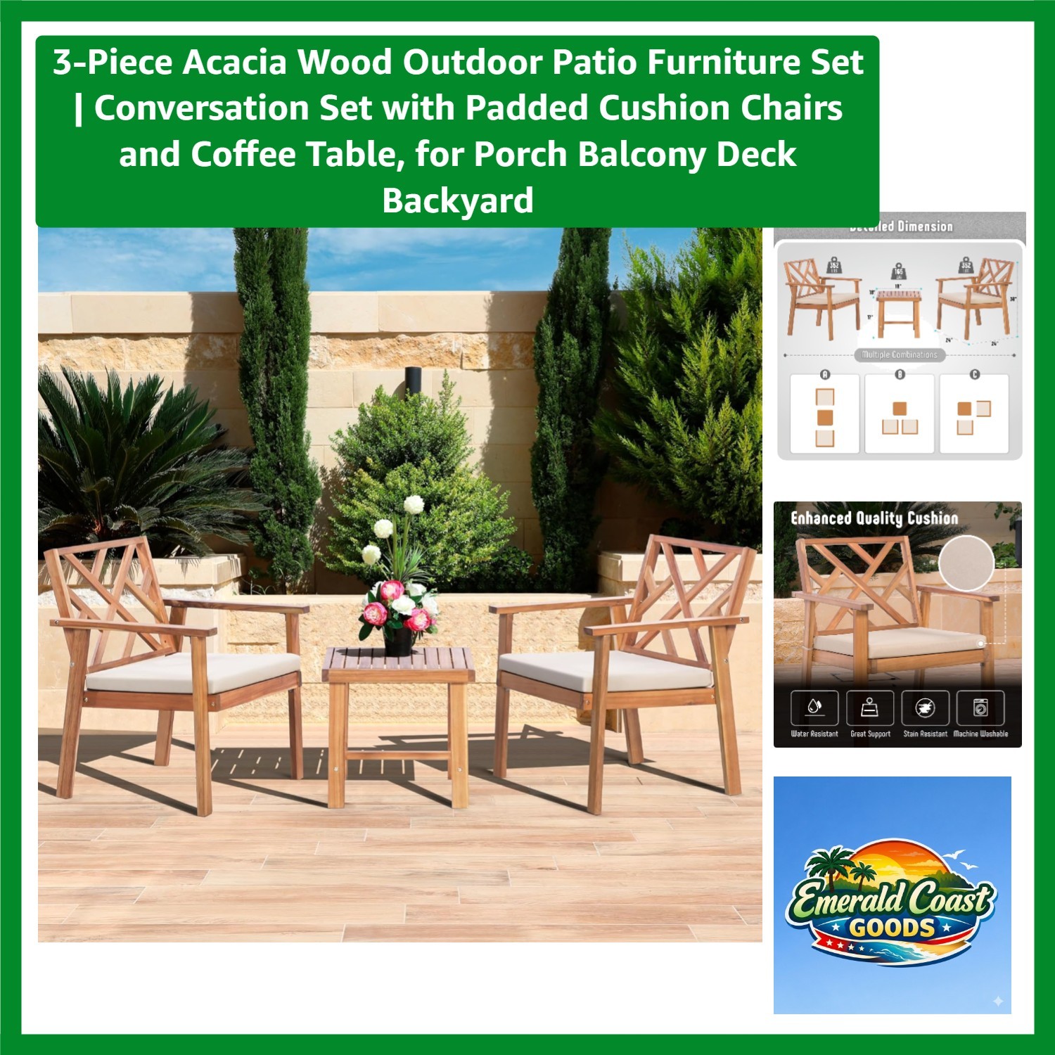 3-Piece Acacia Wood Outdoor Patio Furniture Set | Conversation Set with Padde…