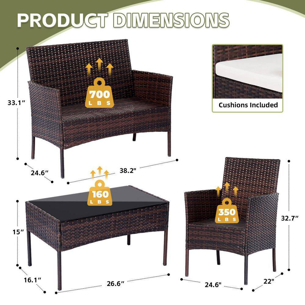 Brown 4-Piece All-Weather Wicker Patio Conversation Set with Beige Cushion and C