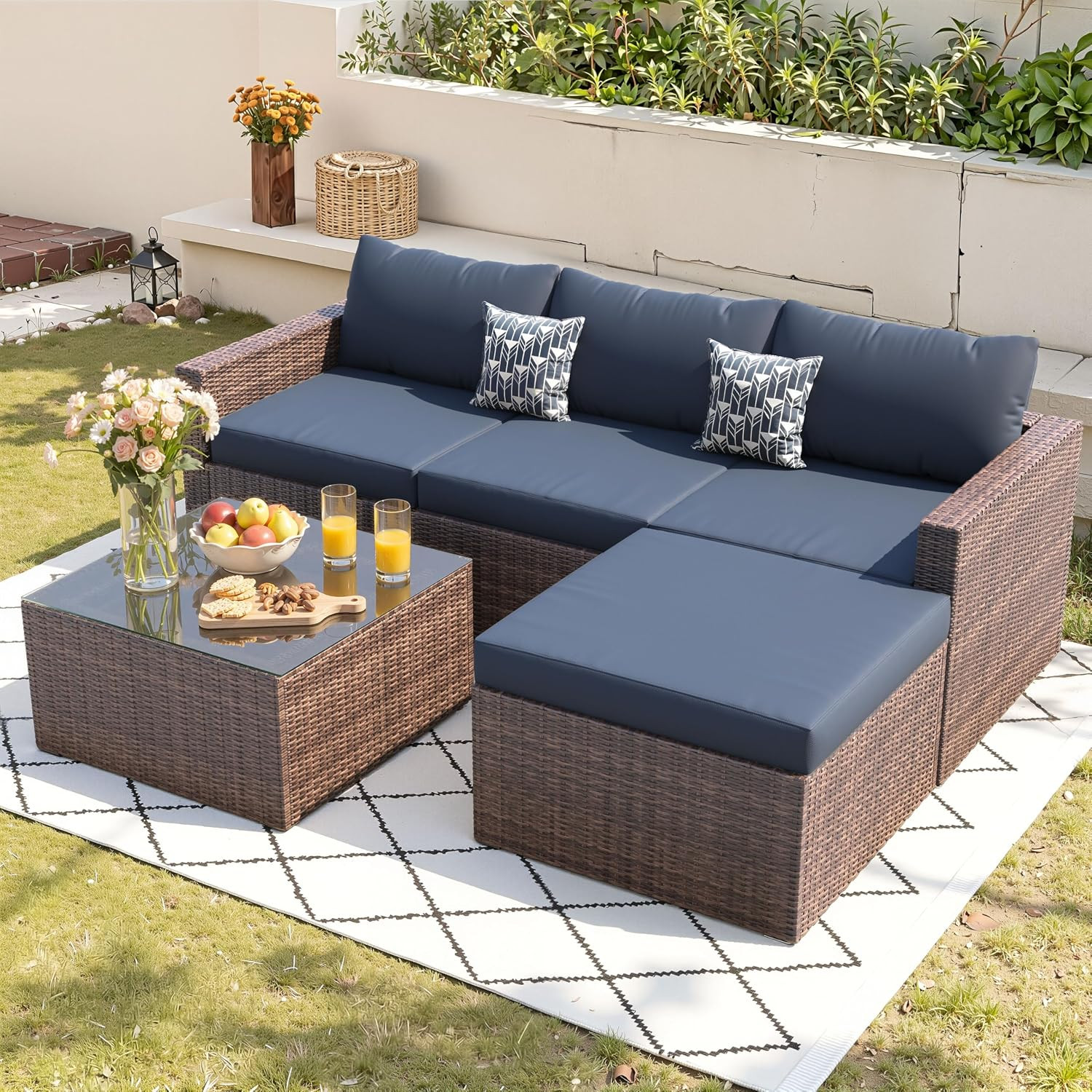 UDPATIO 5 Piece Patio Furniture Set, All-Weather Wicker Outdoor Sectional Sofa,R