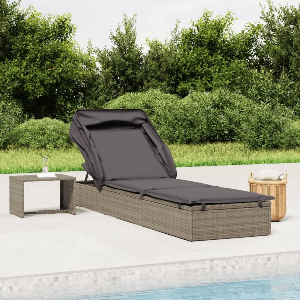 Sunbed with Foldable Roof Gray 83.9″x24.8″x38.2″ Poly Rattan