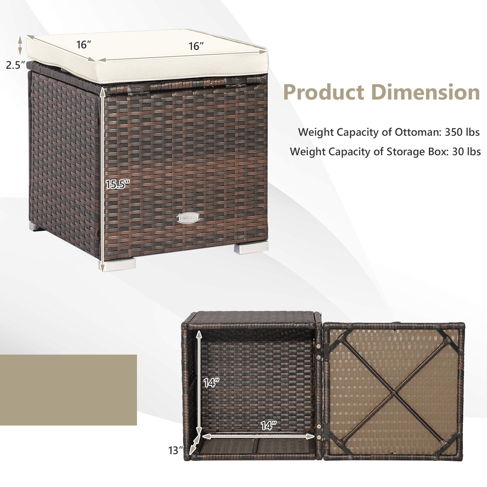 2PC Patio Rattan Ottoman Seat Side Table Storage Box Footrest Off White