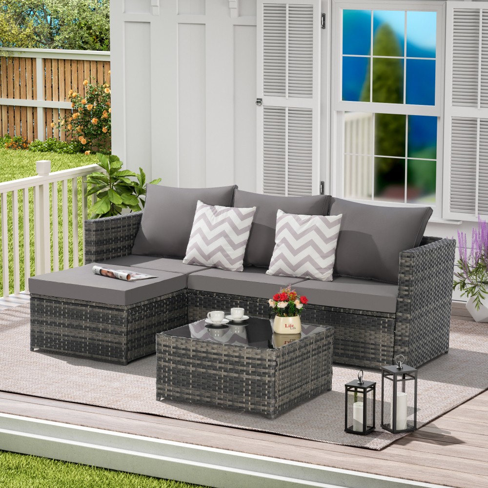 Outdoor Wicker Sectional Sofa Set with Ottoman, Dark Gray, Seats 4