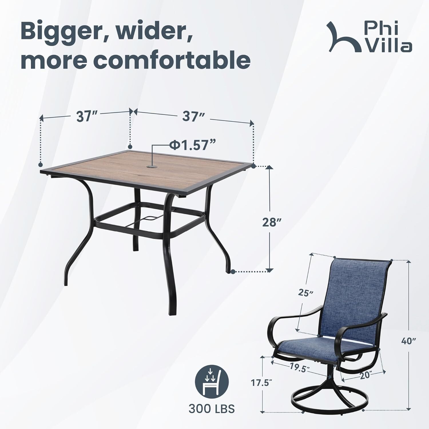 5 Piece Patio Dining Set Outdoor Swivel Chairs Square Table with Umbrella Hole