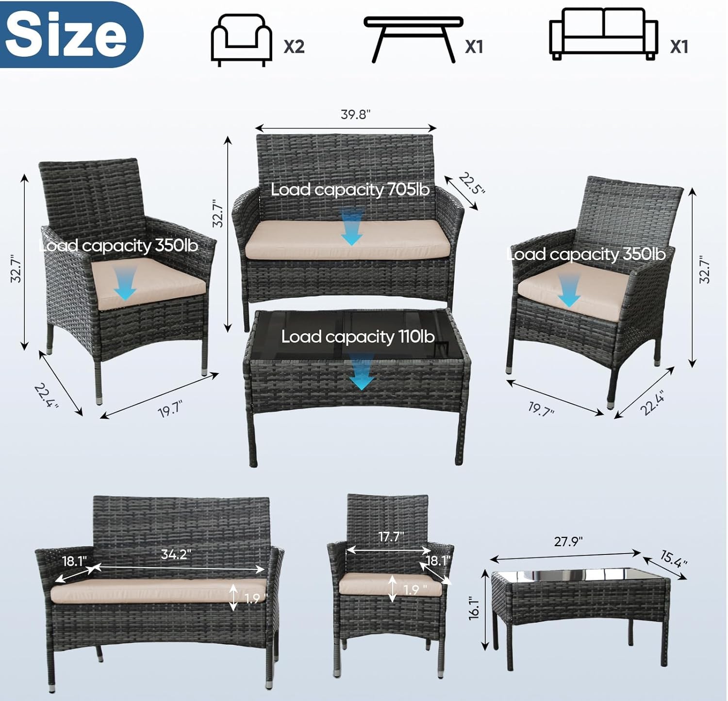 4PCS Wicker Patio Furniture Set | Patio Set with Rattan Chairs & Coffee Table
