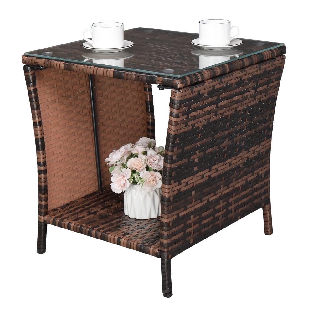 Brown Wicker Rattan Side Tea Table with Glass Patio Outdoor Garden Furniture New