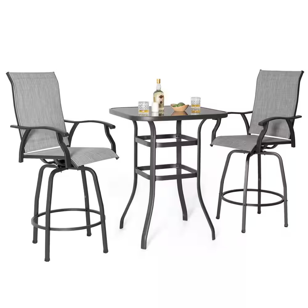 Black 3-Piece Metal and Textilene Outdoor Patio Bar Set with Swivel Bar Stools
