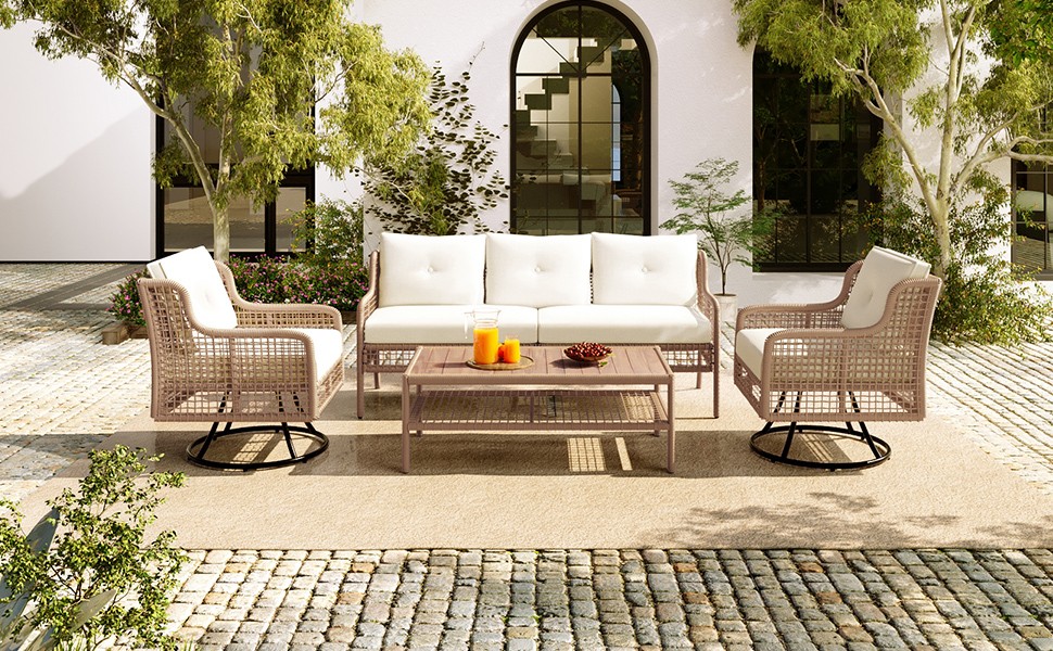 5-Piece Patio Furniture Set with Swivel Chairs, Beige Wicker Sectional Sofa