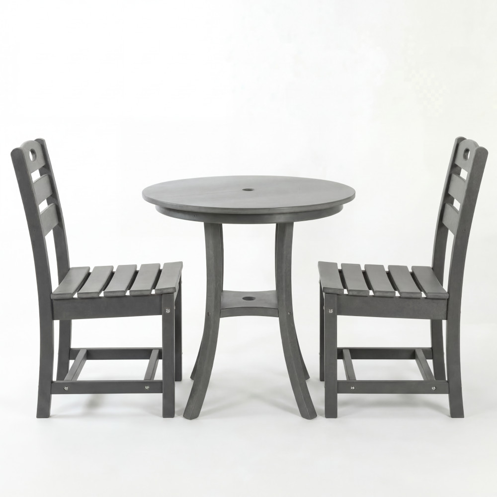 3-Piece Outdoor Patio Bistro Set w/ Round Table & 2 Chairs, Gray HDPE