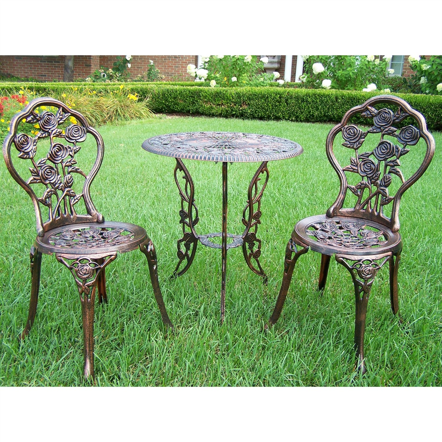 Outdoor Bistro Set 3 Piece Rose Design Antique Bronze Patio Seating