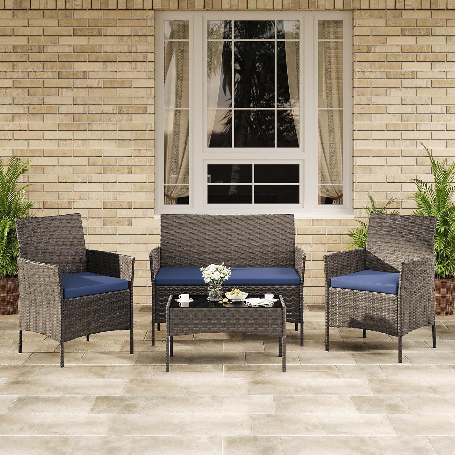 Set of 4 Outdoor Patio Rattan Furniture Set Cushioned Sofa Coffee Table Deck