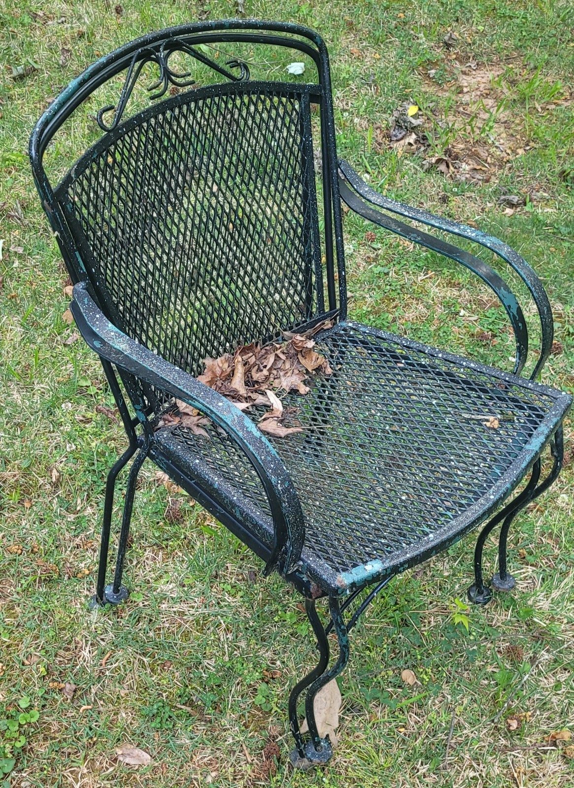 5pc Vintage Black & Blue Wrought Iron Patio Set Table & 4 Barrel Back Chairs