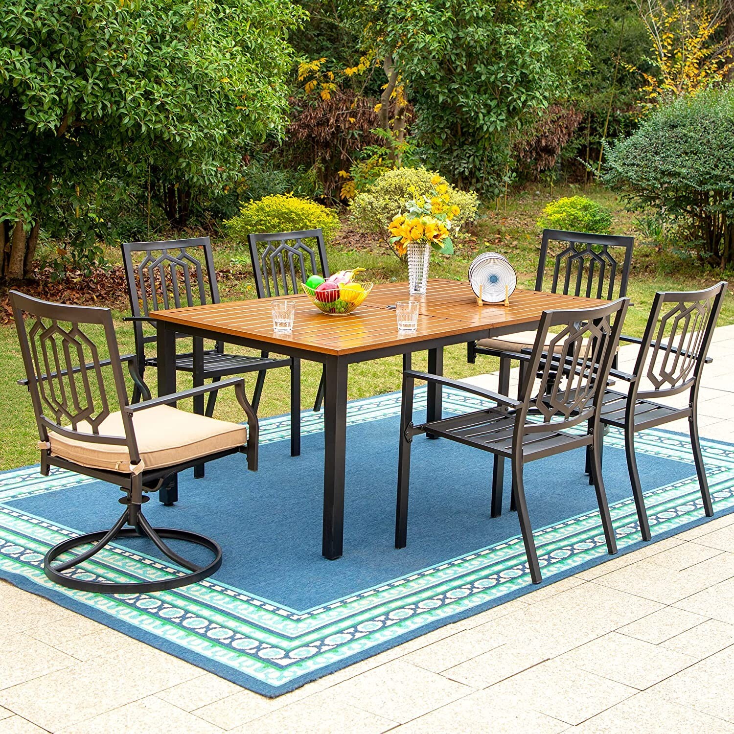 7-PCS Outdoor Patio Dining Set Wood-like Table with Umbrella Hole 6 Chairs