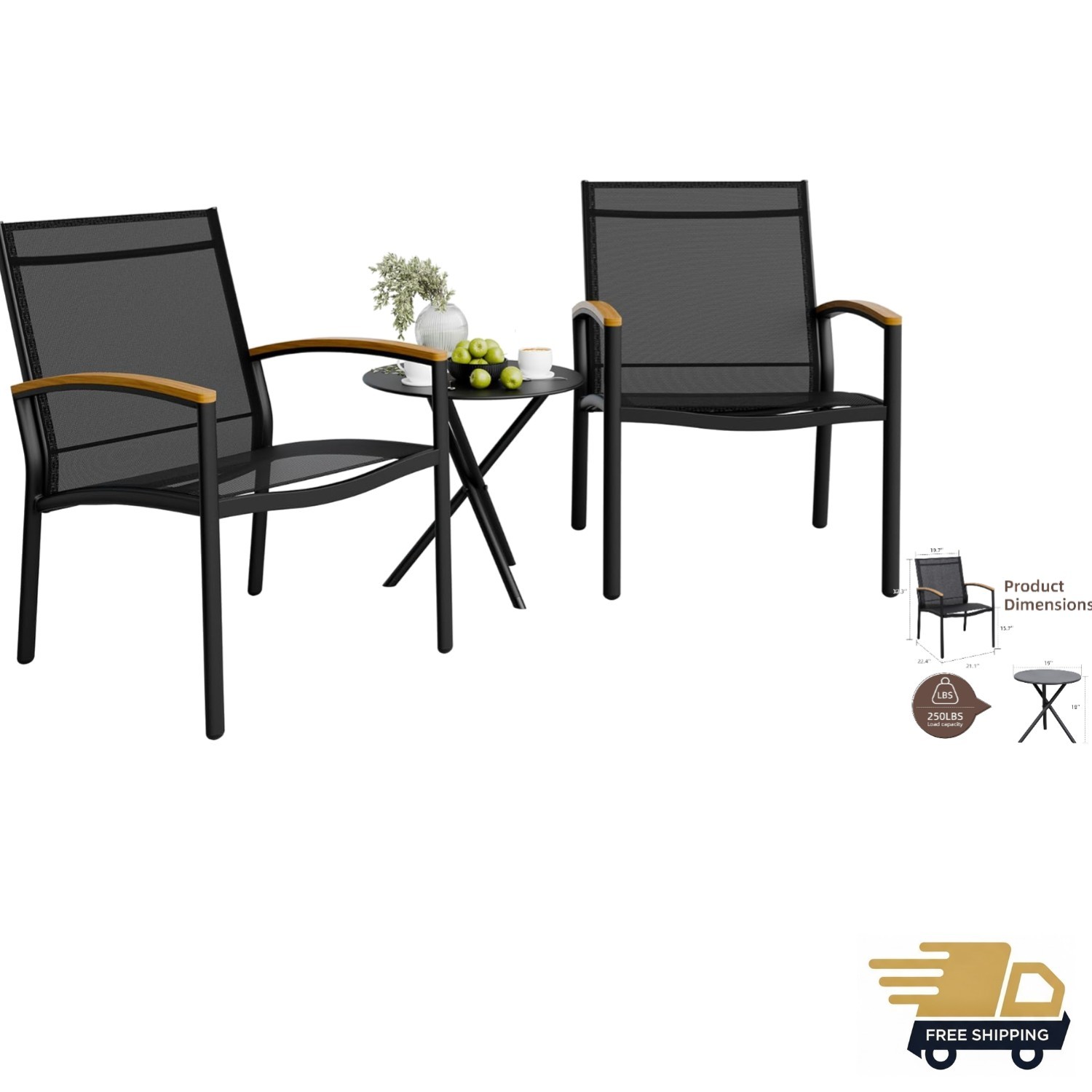 Breathable Fabric 3-Piece Bistro Set: Modern Chairs with Glass Table for Patios