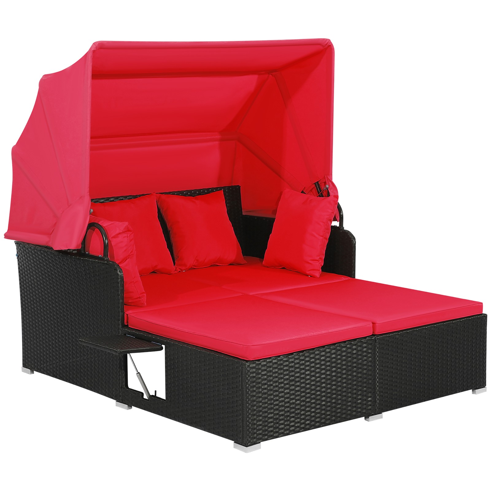 Patio Hand-Woven PE Wicker Daybed Outdoor Loveseat Sofa Set w/ Red Cushions