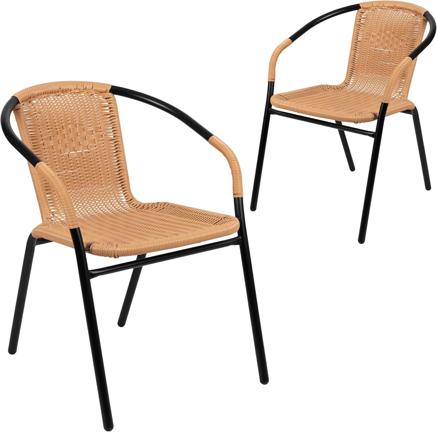 2 Pack Medium Brown Rattan Indoor-Outdoor Restaurant Stack Chair Curved Back