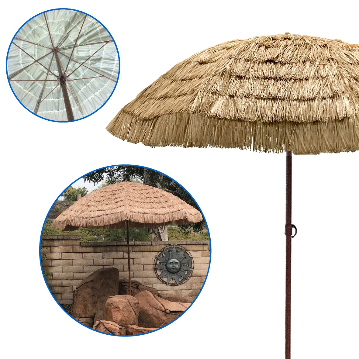 9′ Thatch Patio Umbrella–Tropical Palapa Raffia Tiki Hut Hawaiian Beach Umbrella