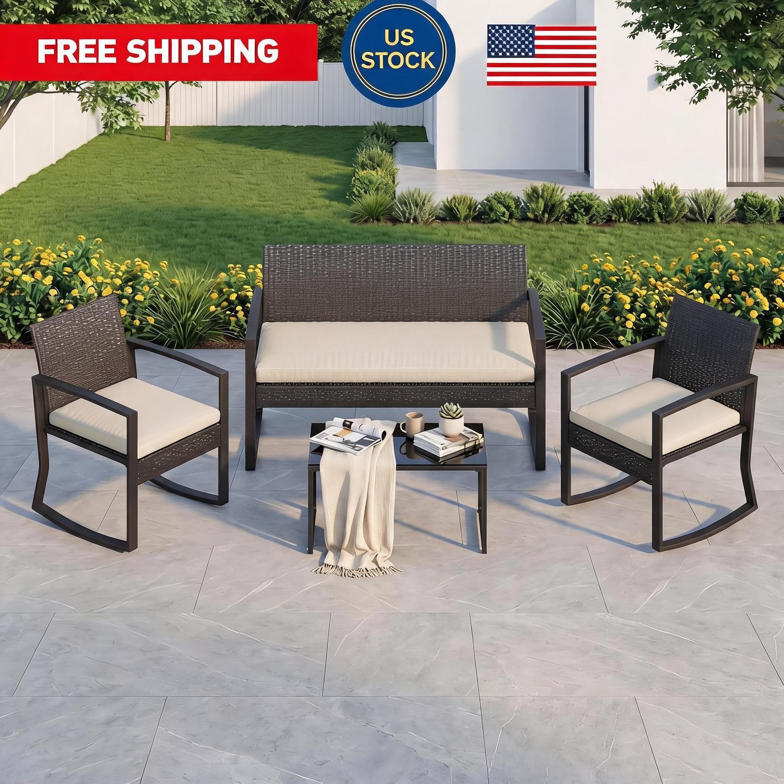 Patio Furniture Set, PE Rattan Outdoor Rocking Chair Conversation Set Piece 4