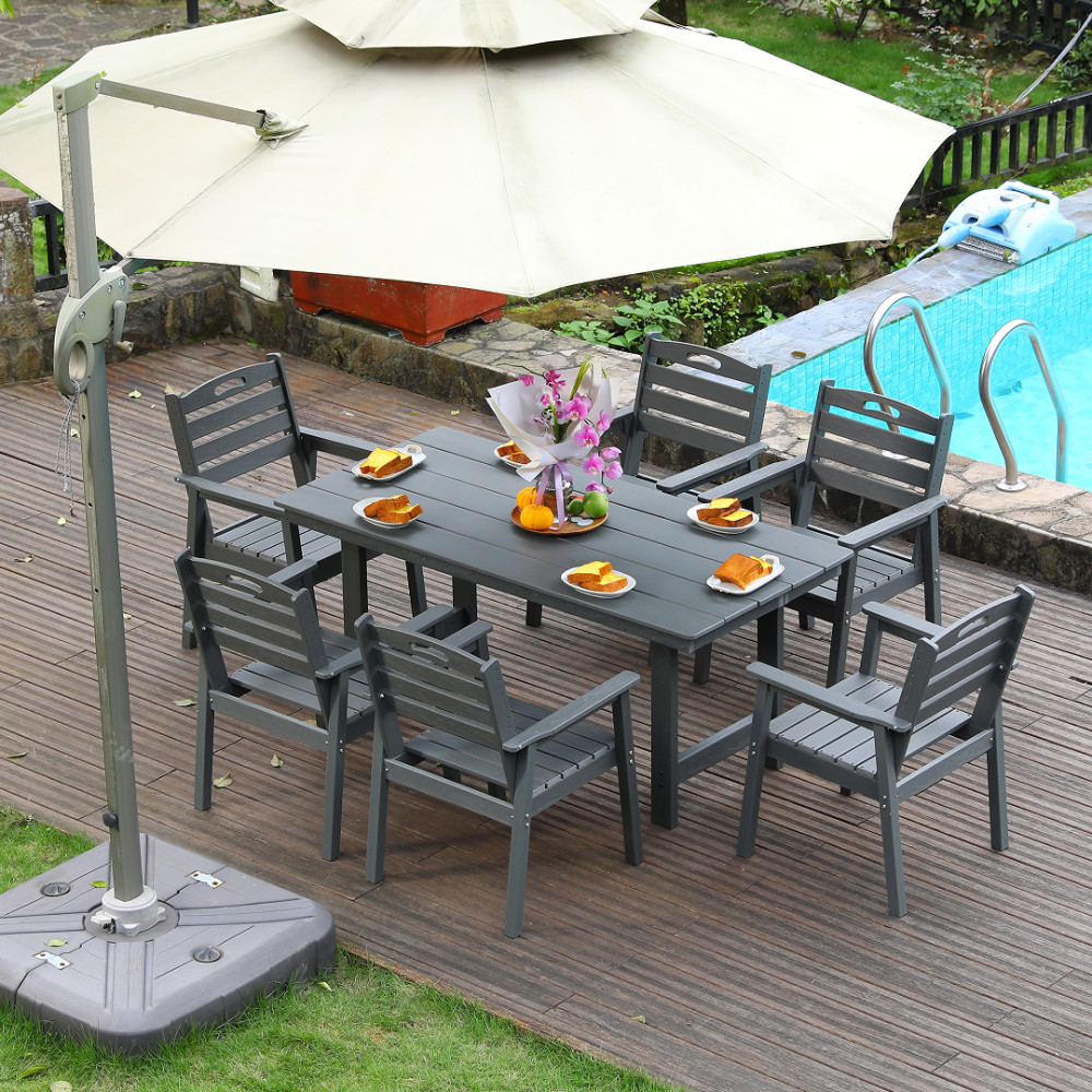 Gray HDPE Patio Dining Set, 6-Piece Table & Chairs w/ Umbrella Hole, Waterproof