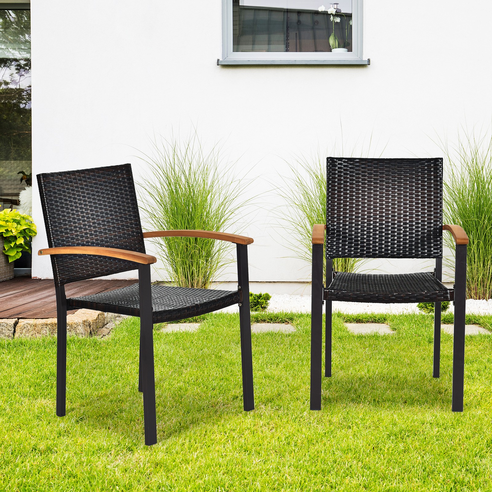 Patiojoy Patio Rattan Dining Armchair 2 Set of Wicker Chair W/Steel Frame