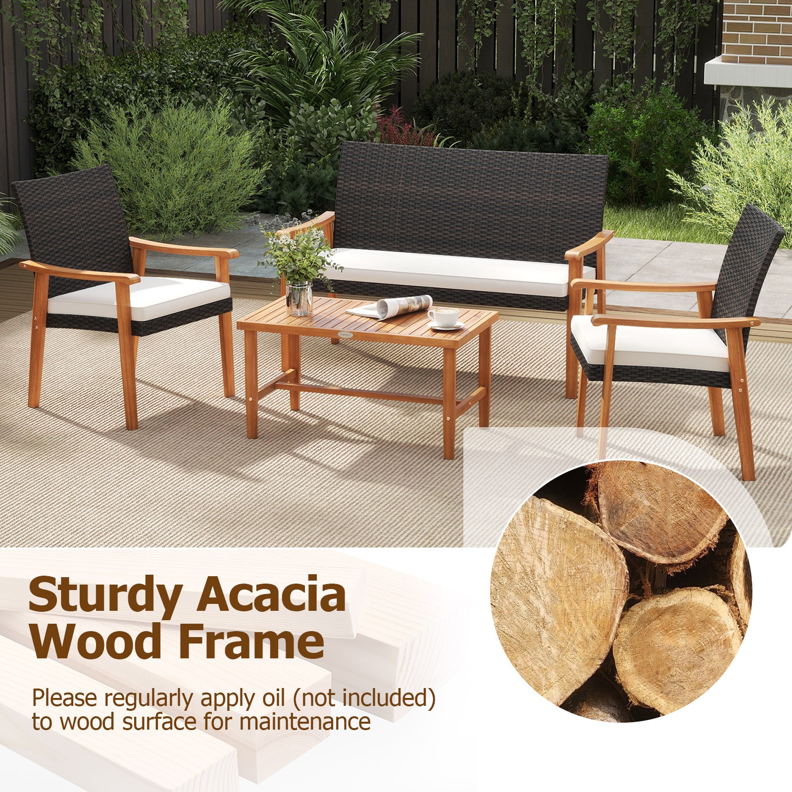 4 OCS Patio Furniture Set w/Acacia Wood Coffee Table & Soft Cushions for Garden