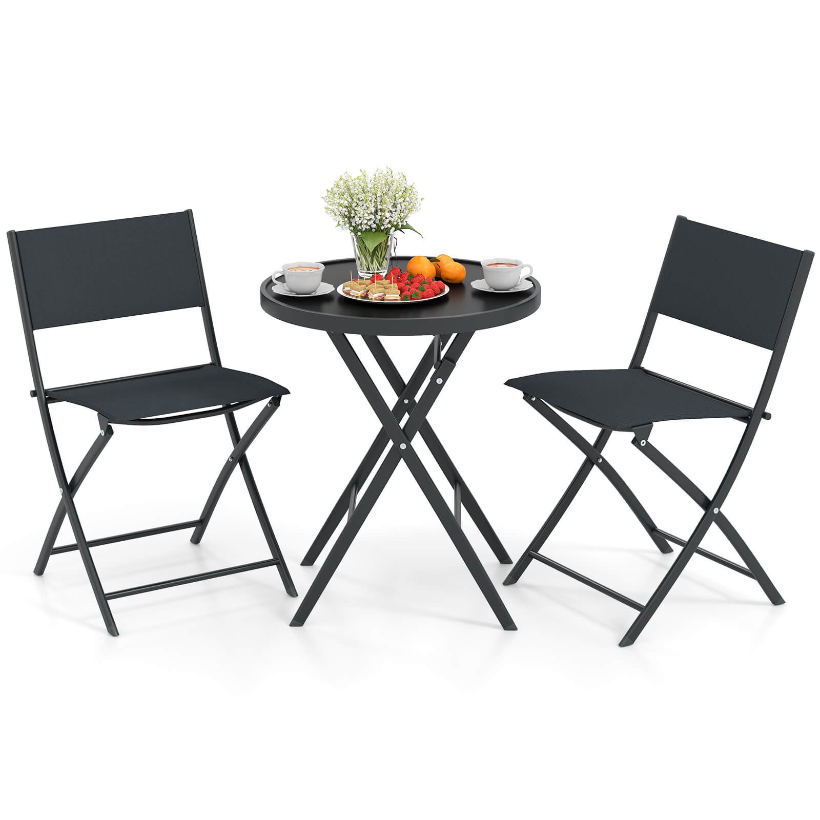 3 PCS Folding Patio Bistro Set w/Tempered Glass Coffee Table & 2 Patio Chairs