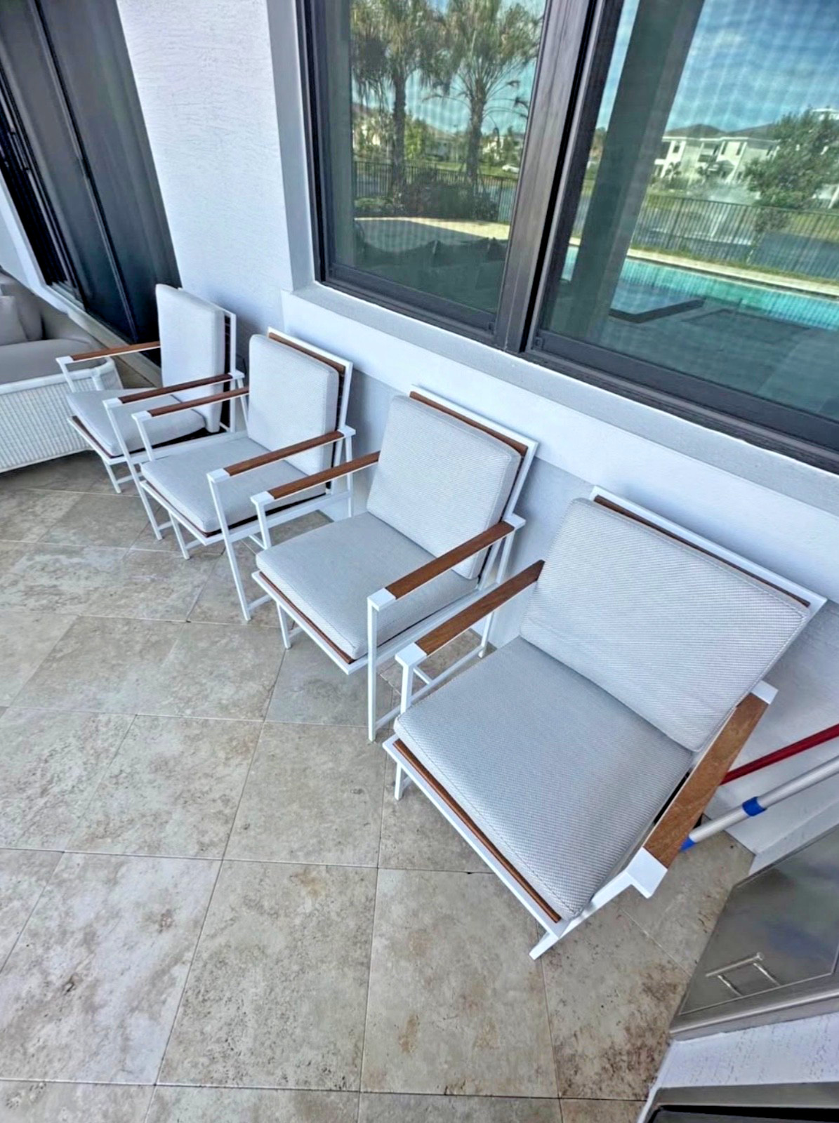 6 Designer teakwood LINK patio chairs with custom made chair cushions
