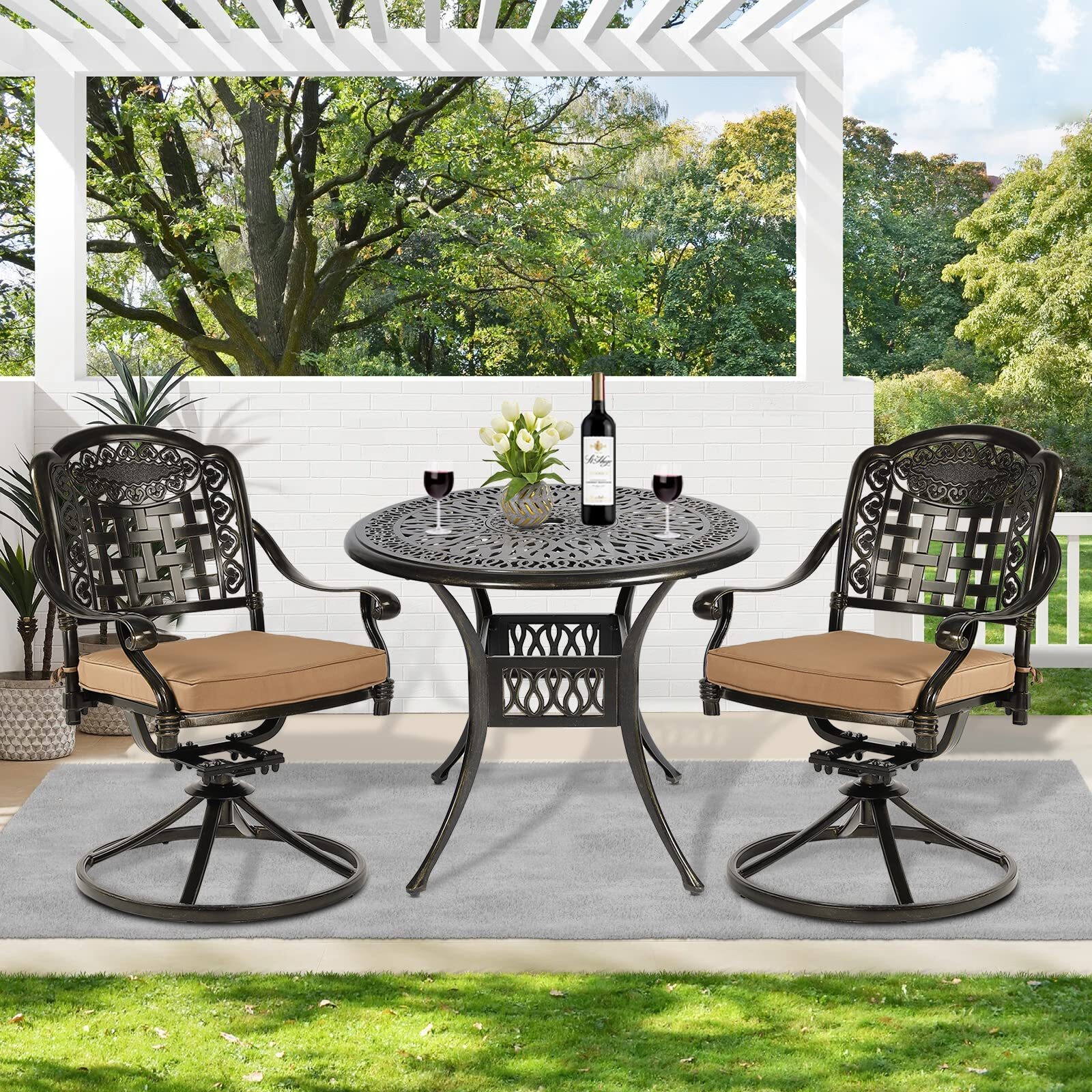 3PC Patio Bistro Set Cast Aluminum Patio Bistro Table and Chairs Set for Garden