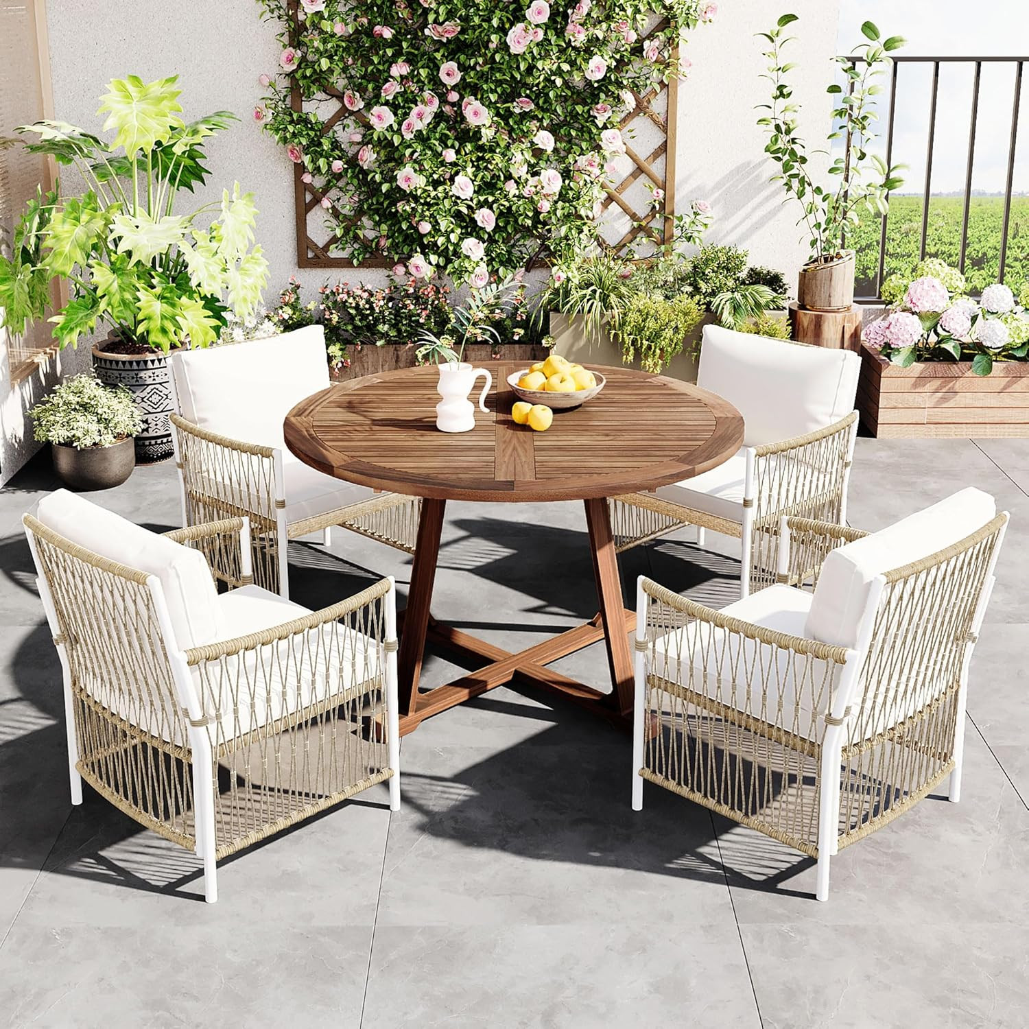 5-Piece Acacia Wood Patio Dining Set with Rattan Chairs & Cushions