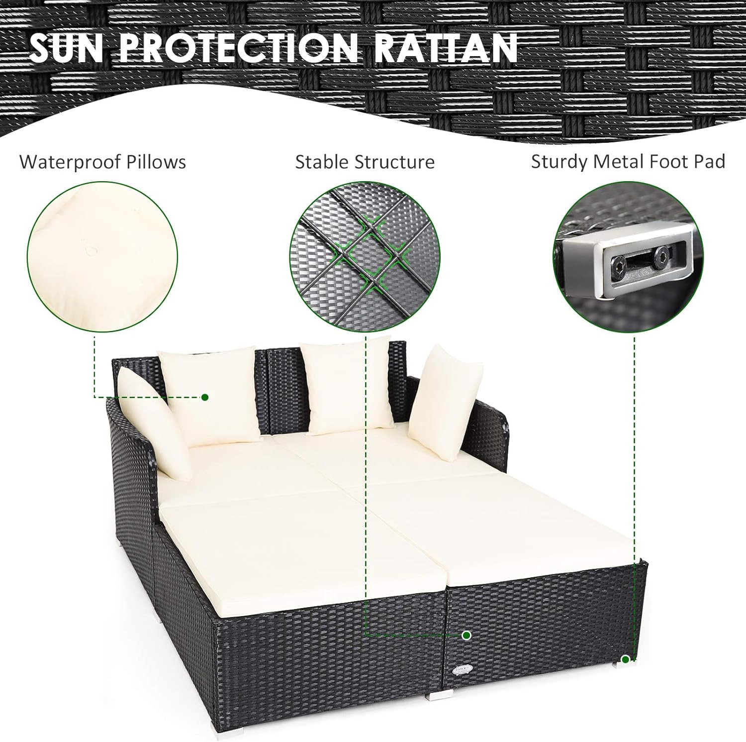 Outdoor Rattan Daybed, Wicker Furniture with Spacious Seat, Upholstered Cushion